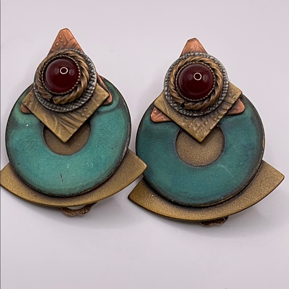 Funky unusual Teal and Bronze red Cabachon clip on Egyptian revival Earrings